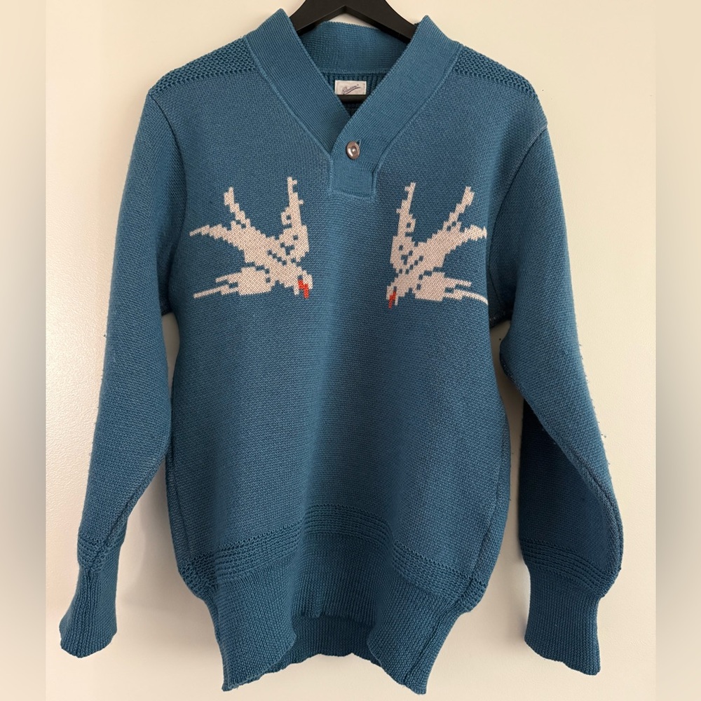 Men's Teal V-Neck Sweater with Bird Design